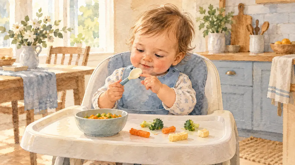 A one-year-old baby seated upright in a high chair exploring a preloaded spoon, a bowl of fork-mashed vegetables and soft finger-sized food pieces on the tray, natural home lighting, no text or logo