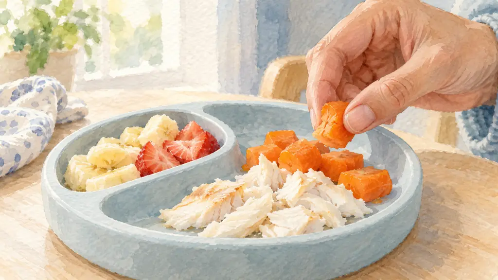Close-up of an adult testing a soft cooked carrot between two fingers beside ripe fruit pieces and carefully flaked boneless fish on a baby plate, natural daylight, no text or logo