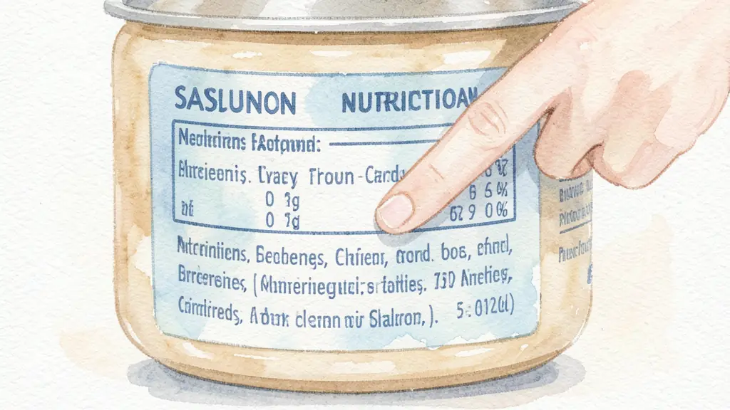 A close-up of a baby food jar label with a finger pointing to the nutritional table, focusing on the sodium value and the ingredients list.