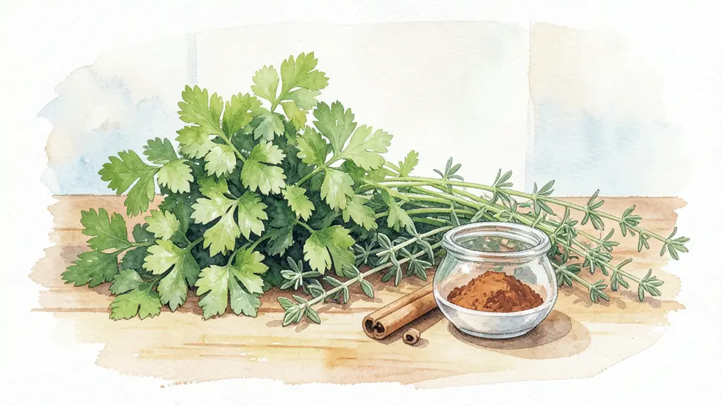 A variety of fresh herbs like parsley and thyme, alongside a small bowl of cinnamon and paprika, arranged on a wooden kitchen counter.