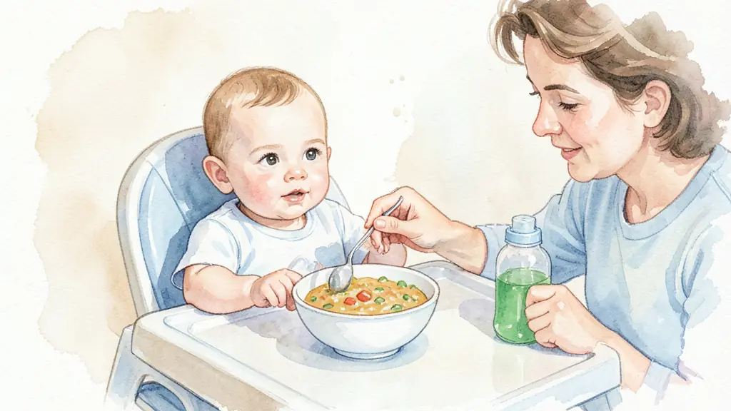 Seven-month-old baby seated in a high chair during lunch, bowl of vegetable puree and baby bottle on the table, parent offering a small spoon