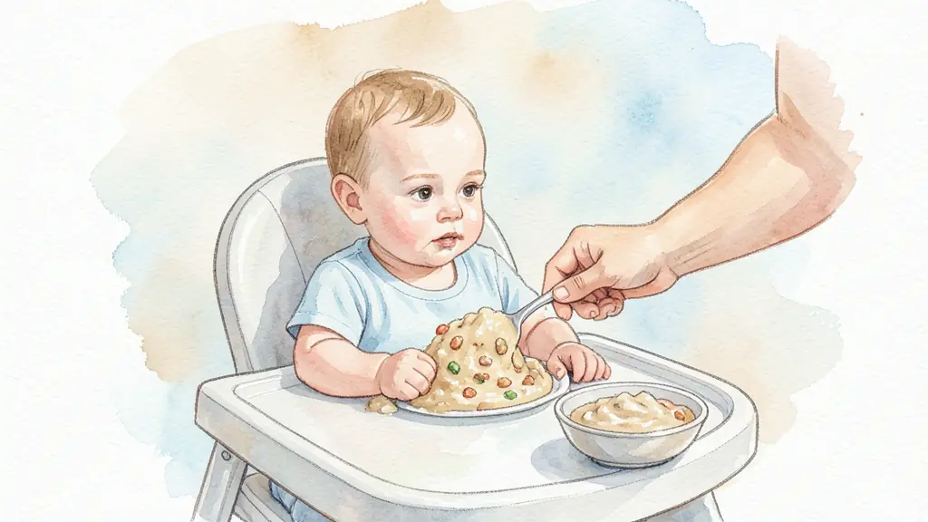 Seven-month-old baby sitting upright in a high chair, parent offering thick mashed vegetables, smooth nut puree in a small bowl nearby