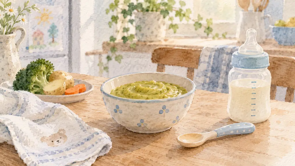 baby lunch setting with a bowl of vegetable and potato puree, a small spoon, and a bottle on a family kitchen table