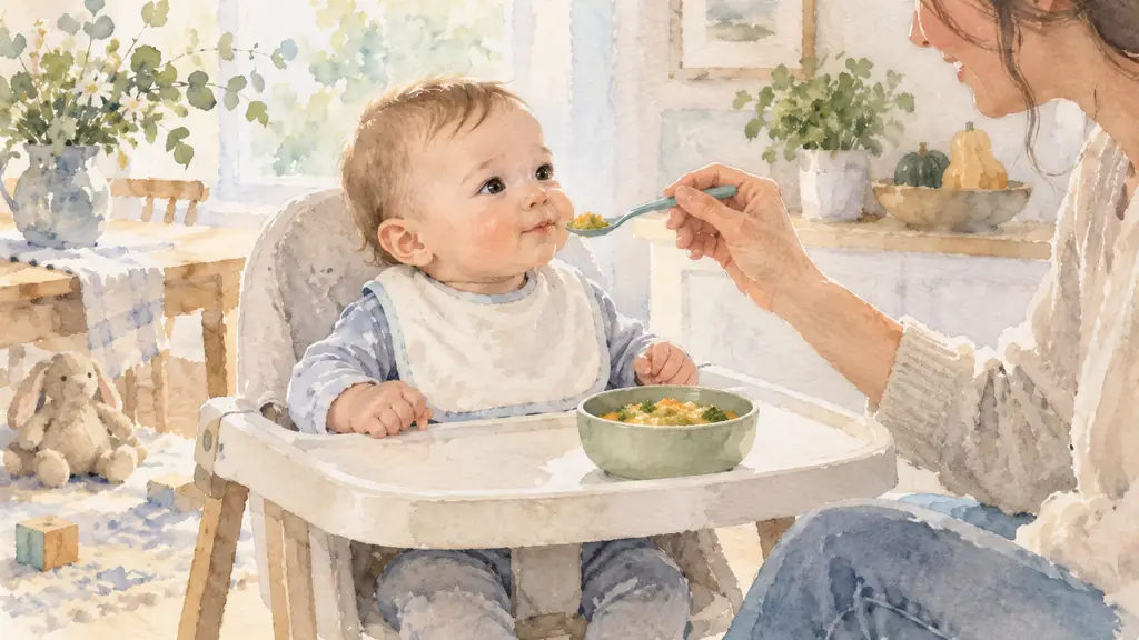six-month-old baby sitting upright in a high chair under close adult supervision, tasting thick mashed vegetables with a few very soft pieces on a spoon