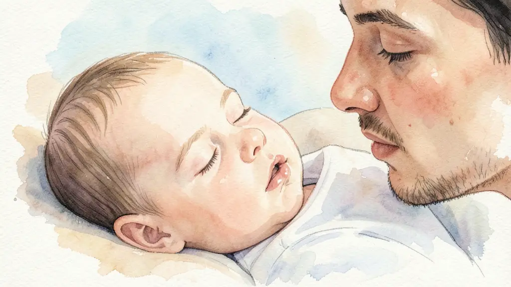 Editorial photograph of a sleeping baby viewed from the side, softly lit nose and mouth, parent observing breathing nearby, no text or logo