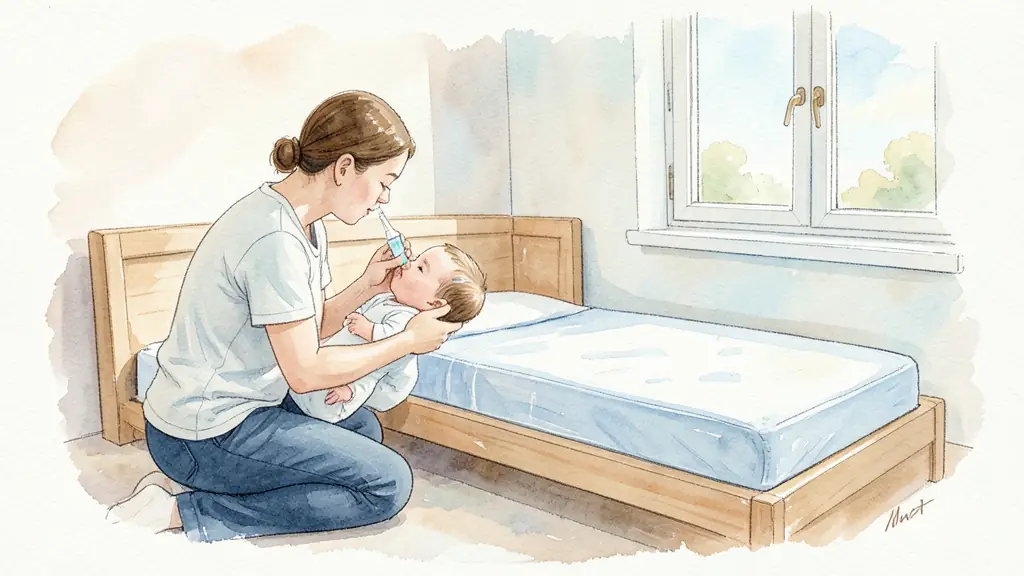 Editorial photograph of a parent using saline solution for a baby's nose beside a firm flat crib, clear mattress and open bedroom window, no text or logo