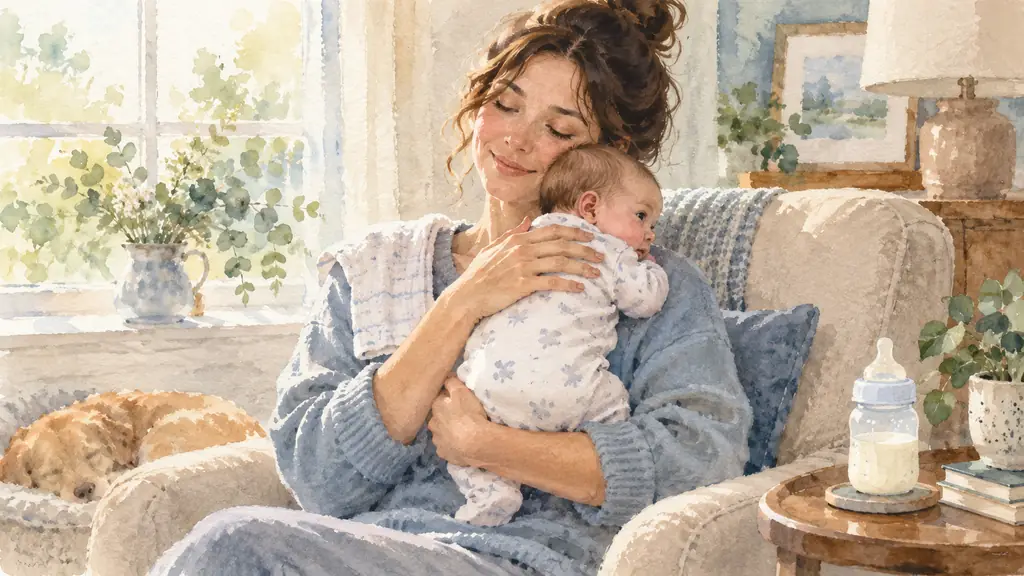 Parent calmly holding an infant upright after a bottle feed, baby burp cloth on the shoulder and feeding bottle nearby, softly lit home interior, editorial photography, no text, no logo