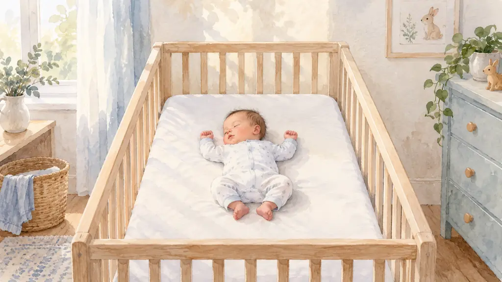 Infant sleeping on their back in an empty crib with a firm flat mattress, no pillow or sleep positioner, softly lit nursery, editorial photography, no text, no logo