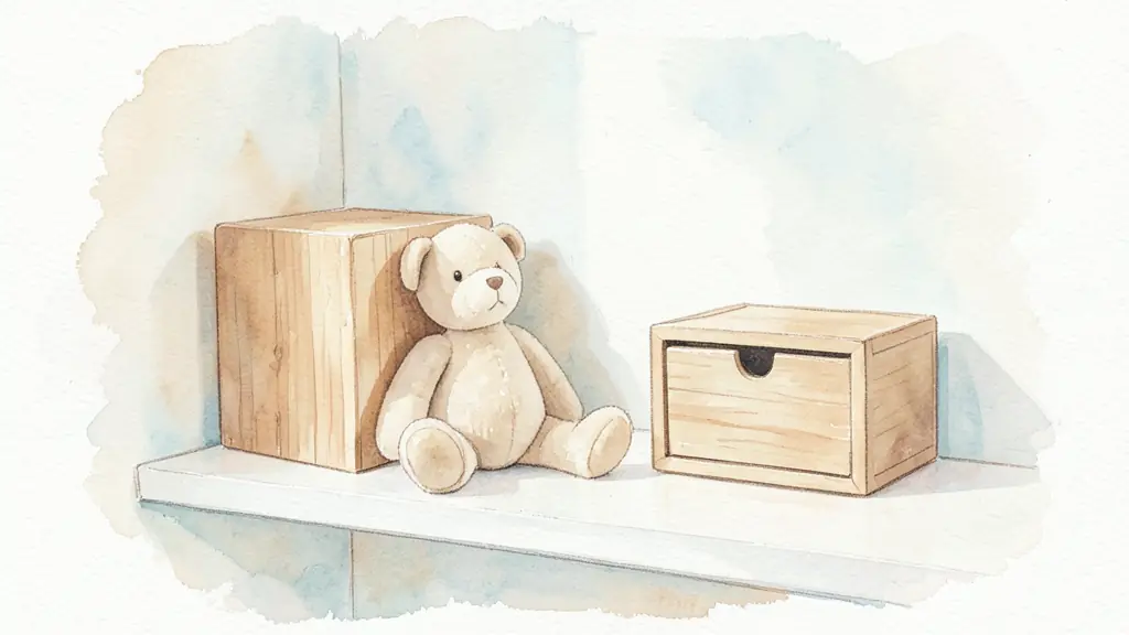 A minimalist lifestyle shot of a baby's nursery corner with a wooden activity cube, a soft cotton organic plush toy, and a memory box on a white shelf, soft natural lighting, editorial style