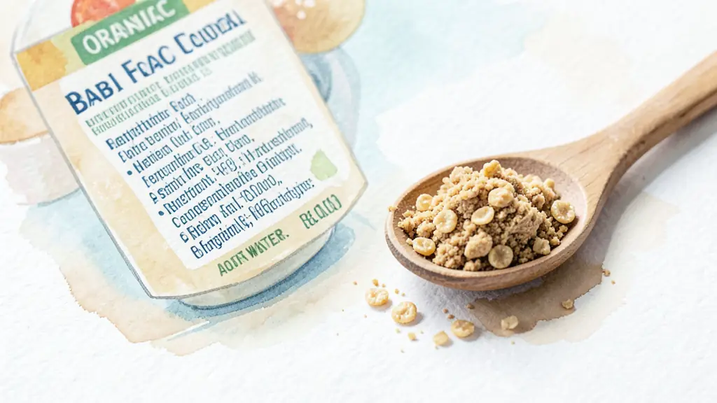 A close-up editorial shot of a baby food label and a wooden spoon with organic cereal powder on a clean kitchen counter, focusing on the ingredient list