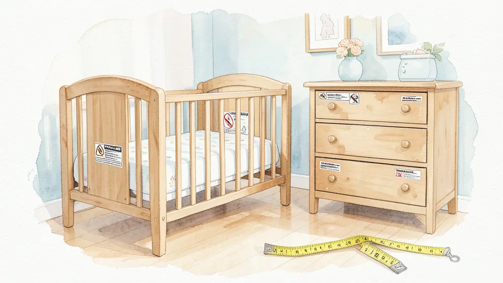 A bright baby nursery with a wooden crib and matching dresser, focusing on the safety labels on the furniture and a measuring tape on the floor