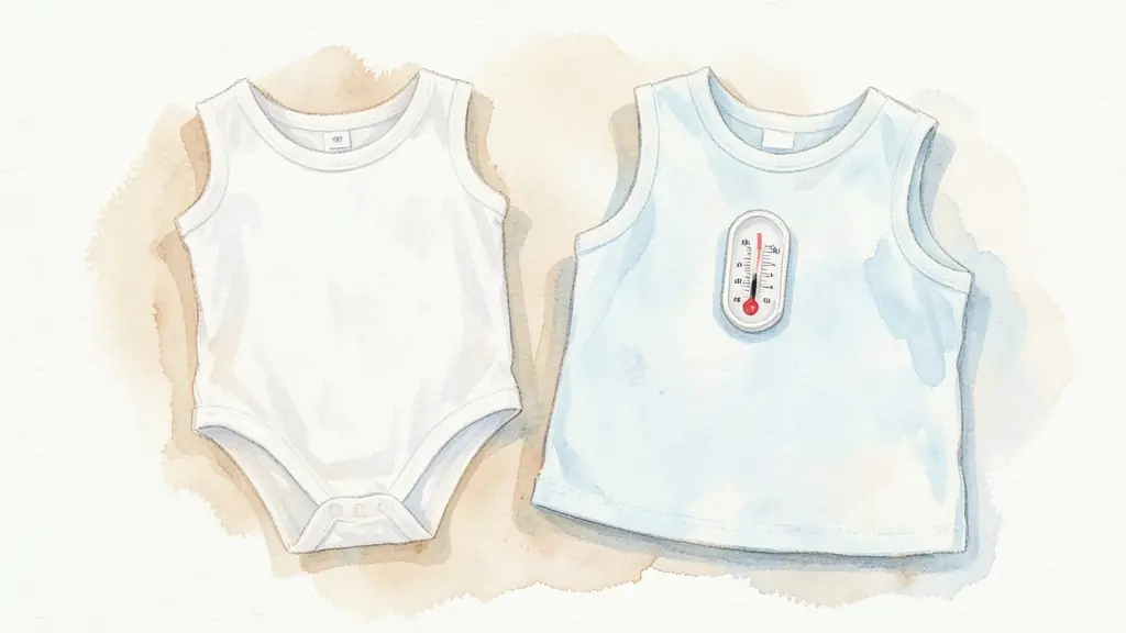 Editorial photograph of a nursery thermometer beside a lightweight cotton bodysuit and a sleeveless sleep sack, softly lit, no text or logo