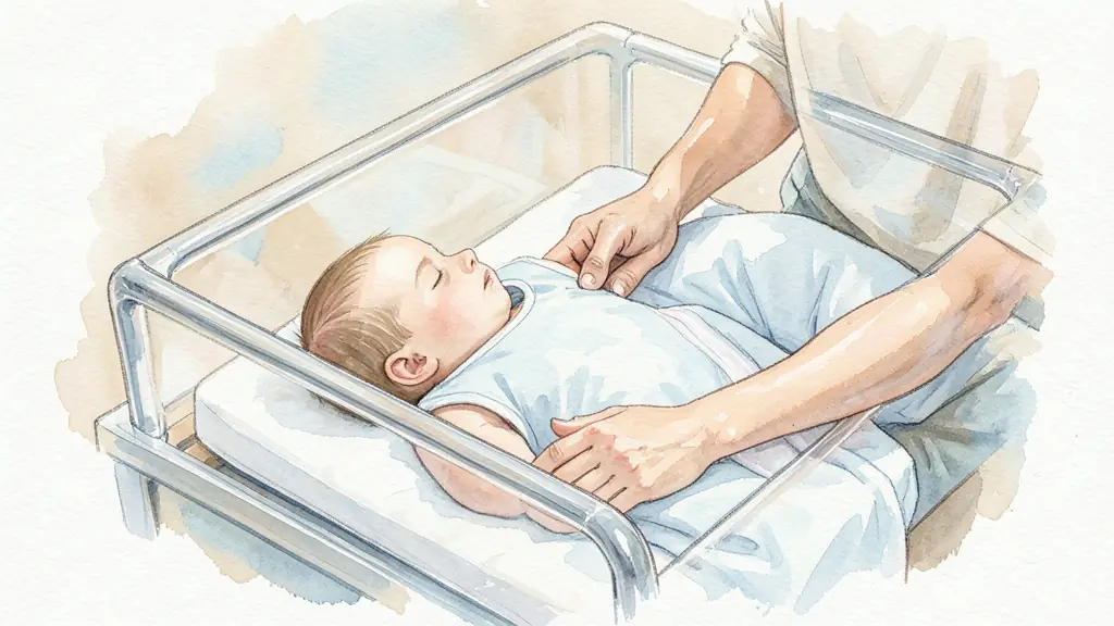 Editorial photograph of a parent gently checking a sleeping baby's upper back in a clear cot, fitted sheet and sleeveless sleep sack visible, no text or logo