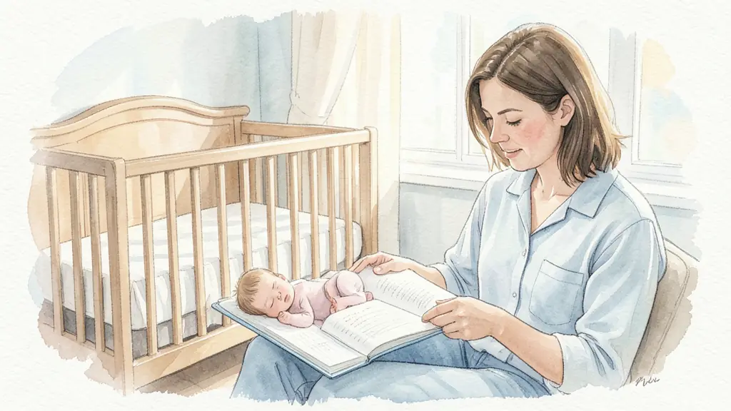 Parent reviewing a baby sleep journal with a consultant beside a crib, soft natural light, calm home setting