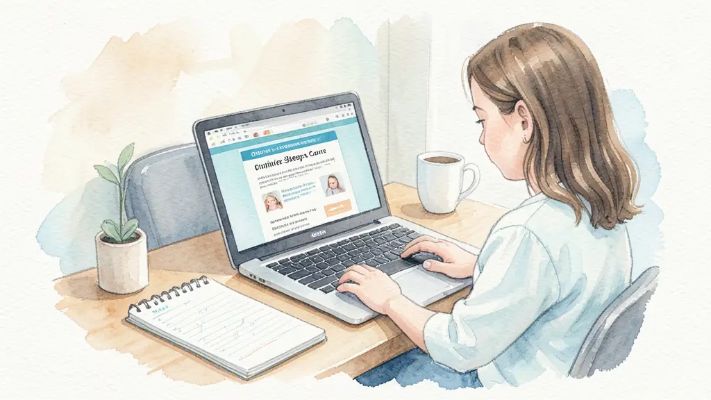 Adult following an online infant sleep course at a laptop, weekly planner and notebook on a small apartment desk