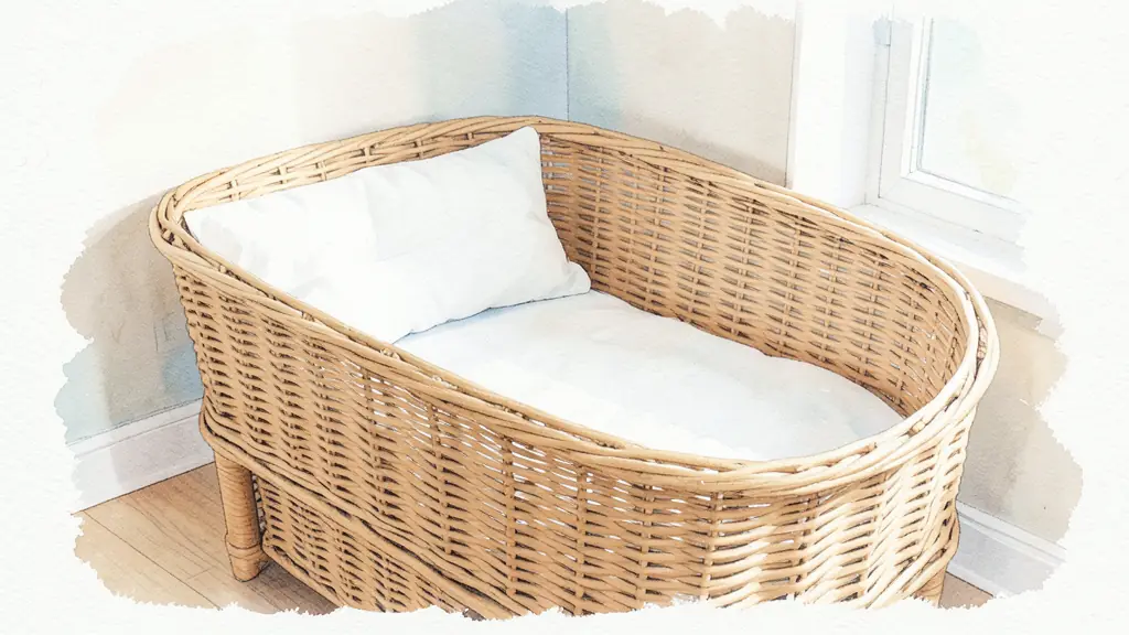 A cozy baby bassinet made of natural wicker, placed in a bright modern apartment corner, close-up on the firm mattress and breathable cotton lining