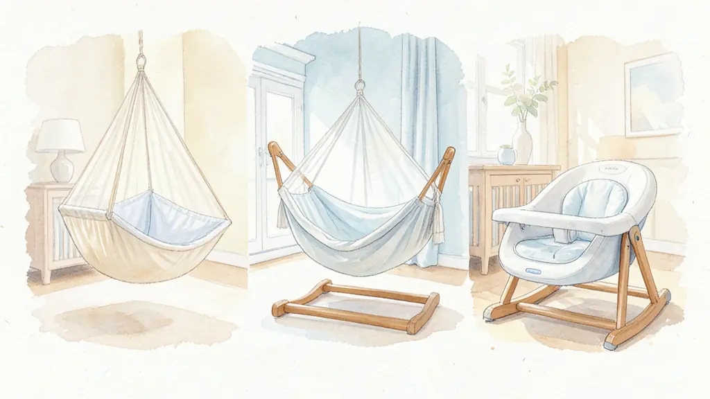 Editorial photograph of three distinct baby products side by side: a suspended fabric hammock, a hammock on a wooden stand, and a structured baby bouncer, in a bright uncluttered nursery, no text or logo