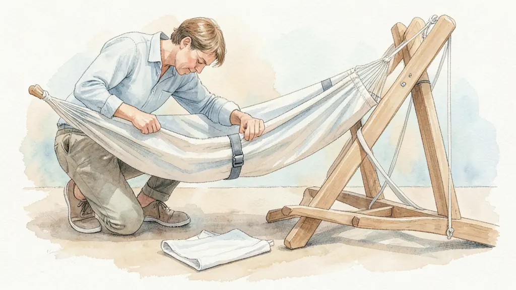 Editorial close-up photograph of a parent inspecting hammock stitching and safety straps beside a wooden stand on a flat floor, with the removable cotton fabric drying nearby, no text or logo
