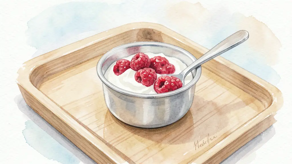 A close-up editorial shot of a small baby pot of plain white cream cheese mixed with fresh mashed raspberries, a small baby spoon resting on a wooden high chair tray, soft natural lighting