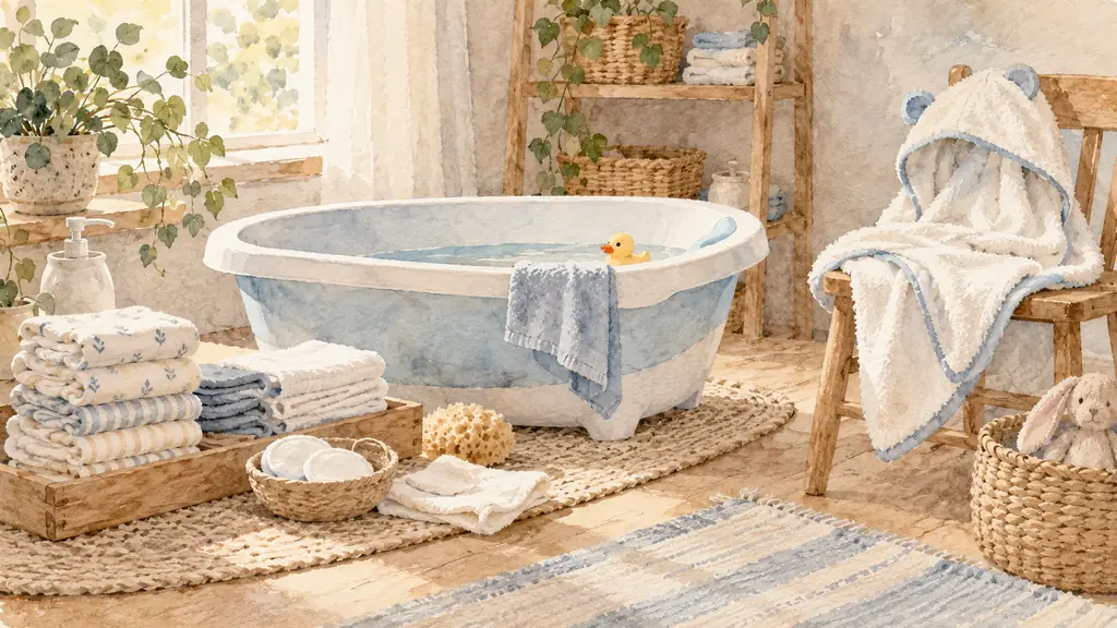 Editorial photograph of a compact baby care area with washable diapers and cotton beside a stable baby bathtub, a soft hooded bath cape ready on a nearby chair, no text or logo