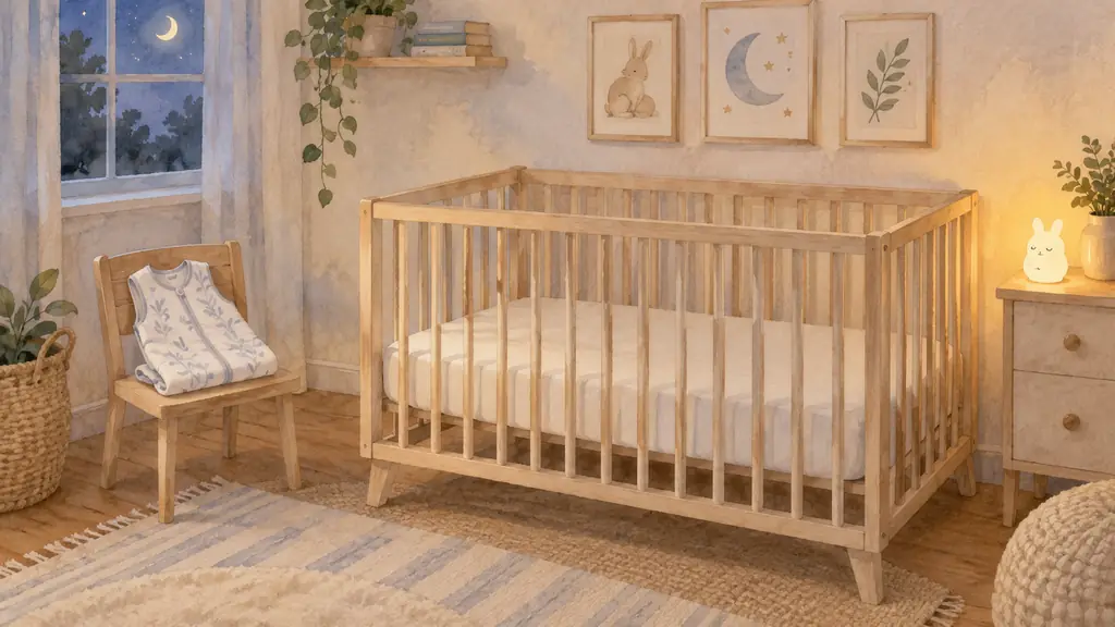 Editorial photograph of a compact nursery with a fitted-sheet baby cot, a seasonal sleep sack laid nearby and a small dim night light positioned away from the bed, no text or logo