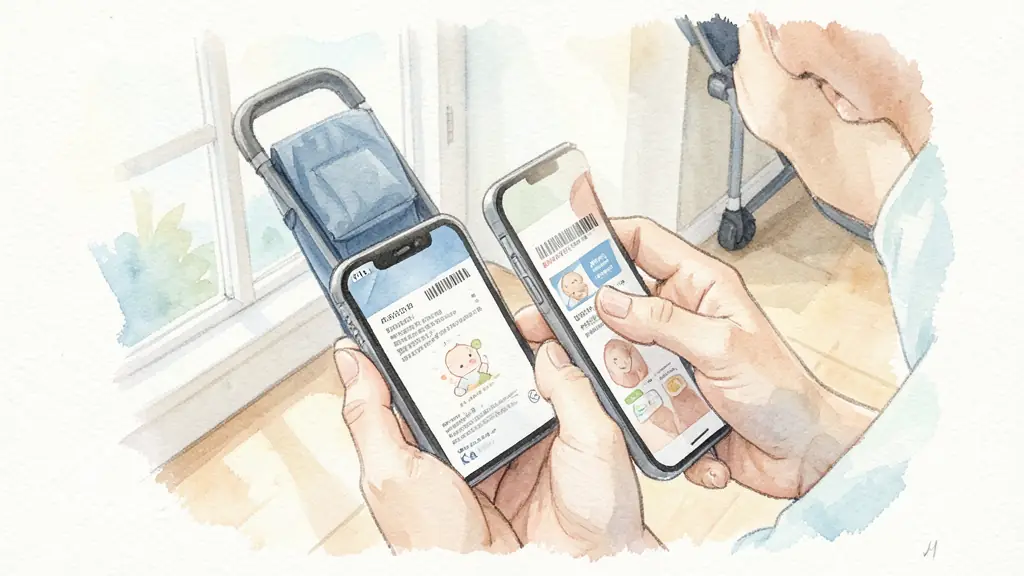 Parent checking a baby product identification label on a smartphone, visible batch number, folded stroller beside a bright window