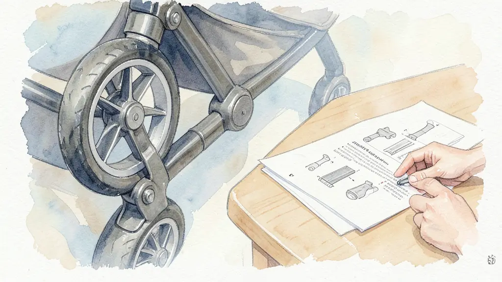 Close-up inspection of stroller brakes and wheel fasteners, parent testing the folding lock, instruction manual on a table