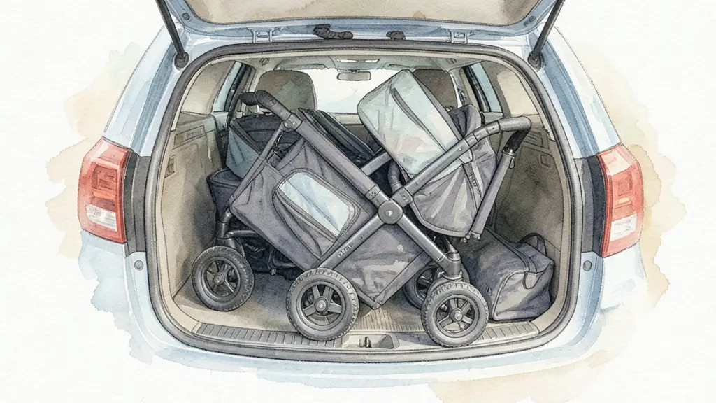 A close-up photo of a triple stroller being folded into a car trunk, showing the focus on dimensions and space optimization, editorial style, neutral colors
