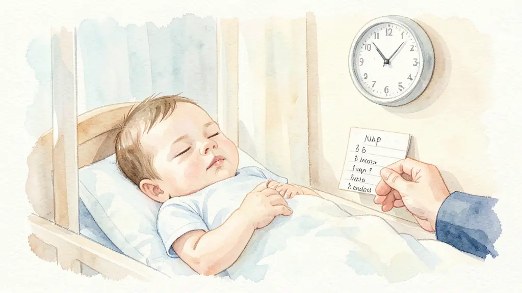 Editorial photograph of a nine-month-old baby waking calmly in a bright nursery, with a parent checking a handwritten nap log beside a simple wall clock, no text, no logo
