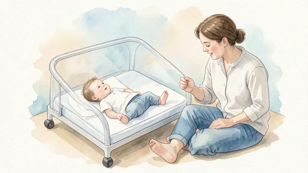 Editorial photograph of a parent sitting beside a clear baby cot during a calm bedtime ritual, softly repeating a reassuring phrase while the nine-month-old baby lies on their back, no text, no logo