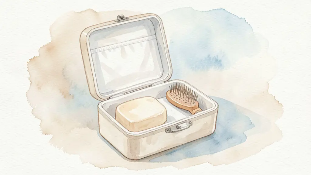 Editorial photograph of an open natural cotton baby care case containing a solid cleansing bar, a small fragrance bottle and a baby hairbrush, neutral nursery background, no text or logo
