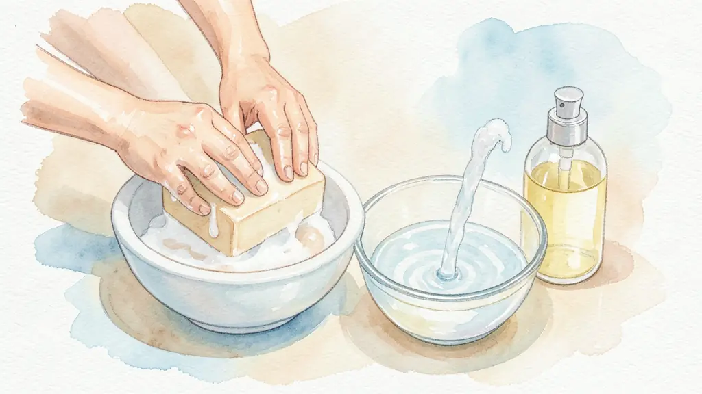 Editorial photograph of adult hands lathering a baby cleansing bar beside a rinsing bowl and a fragrance bottle kept away from the baby's face, no text or logo