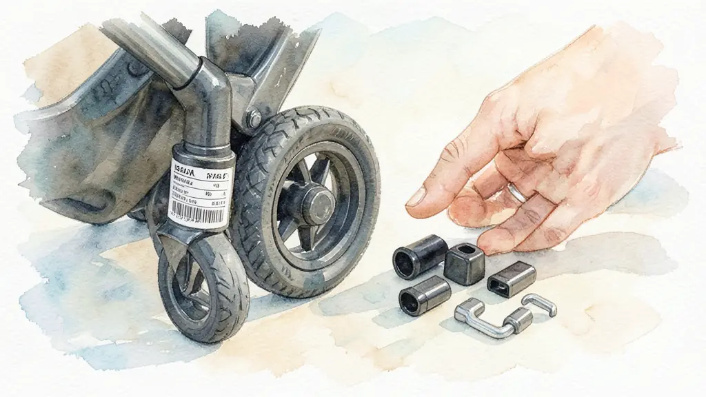 Parent checking a stroller brake beside a visible serial label and neatly arranged adapters, natural daylight, editorial photography, no text or logo