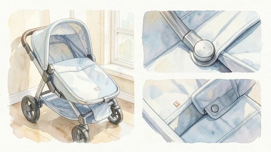 Clean folded stroller photographed in natural window light with close-up views of the mechanism and a small visible fabric mark, editorial photography, no text or logo